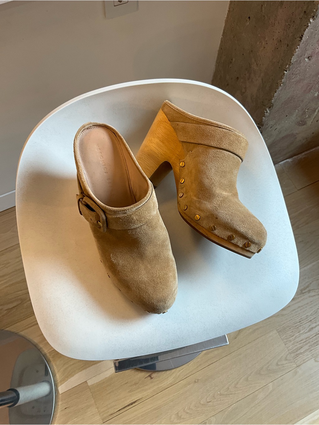 Veronica Beard Tan Suede Clog Mules With Stud And Buckle